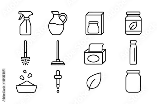 Eco Cleaning Icons. Outline icon set of sustainable bathroom cleaning: reusable spray bottle, vinegar jar, baking soda box, glass