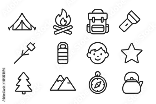 Camping Icons Set. Outline icon set of camping with kids: tent, campfire, backpack, flashlight, marshmallow