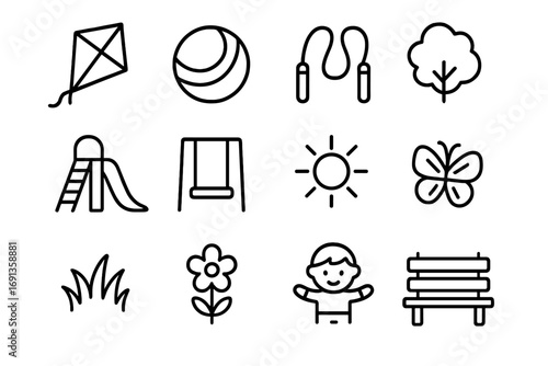 Playful Park Icons. Outline icon set of outdoor play: kite, ball, skipping rope, slide, swing, tree, grass,