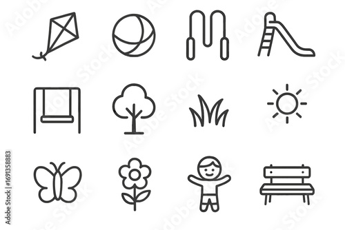 Playful Park Icons. Outline icon set of outdoor play: kite, ball, skipping rope, slide, swing, tree, grass,