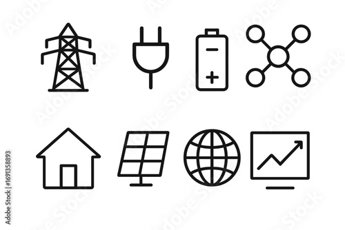 Renewable Energy Icons. Outline icon set of smart grids in renewable energy: transmission tower, plug, battery