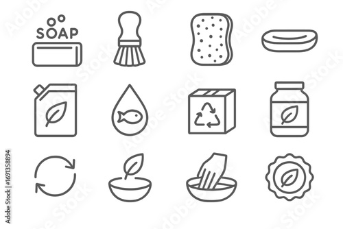 Eco Dishwashing Icons. Outline icon set of ocean-safe dishwashing products: solid dish soap bar, bamboo brush, compostable sponge,