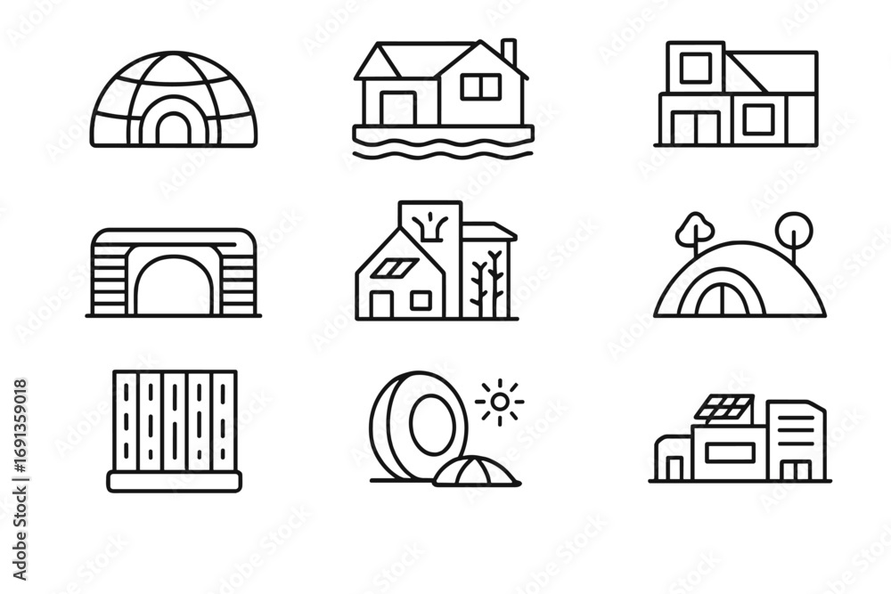Fototapeta premium Eco-Building Icon Set. Outline icon set of future eco-buildings: dome house, floating house, modular prefab, container house, 3D