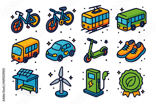 Eco Transport Icons. Colorful isometric vector icons set of eco-friendly transport choices: bicycle, e-bike, tram, bus, subway,