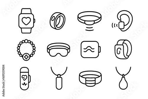 Wearable Stress-Relief Icons. Outline icon set of wearable stress-relief gadgets: smartwatch, smart ring,