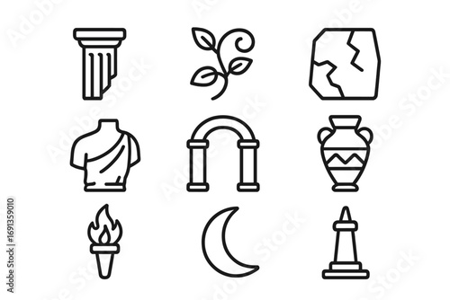 Ancient Ruins Icons. Outline icon set of ancient ruins: broken pillar, vine, cracked stone, statue fragment,