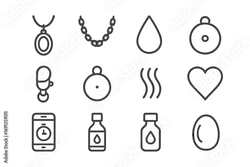 Calming Necklaces Icon Set. Outline icon set of calming necklaces: pendant, chain, essential oil drop, airflow