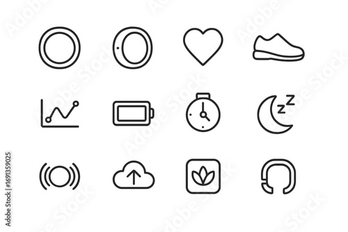 Smart Rings Icon Set. Outline icon set of smart rings for stress: ring icon, LED dot, heart rate, step counter