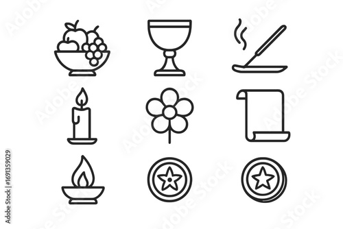 Mystical Offering Icons. Outline icon set of mystical offerings: fruit bowl, chalice, incense stick, candle,