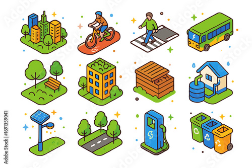Eco-City Icon Set. Colorful isometric vector icons set of sustainable urban planning: eco-city skyline, bike lane, pedestrian