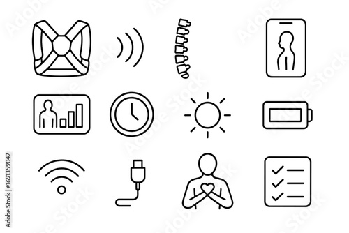 Posture Correction Wearables Icons. Outline icon set of posture correction wearables: back strap, vibration