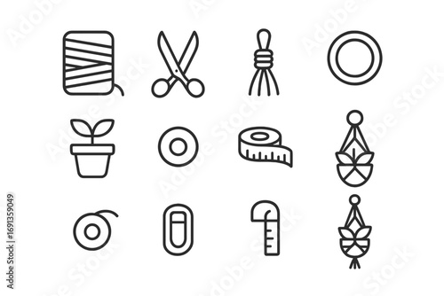 Macramé Tools Icons. Outline icon set of making your own macramé plant hangers: spool of cord, scissors,