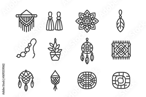 Boho Macramé Icons. Outline icon set of boho-style macramé décor: wall hanging, tassels, mandala, feather
