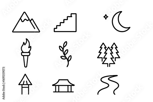 Temple Icons Grid. Outline icon set of temple landscapes: mountain, staircase, temple roof, moon, torch, vine,