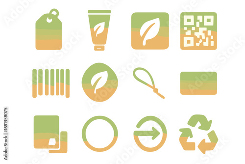 Eco-Friendly Icon Set. Gradient icons set of eco-friendly label and branding: kraft hang tag, soy ink tube, leaf stamp, QR code,