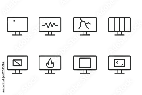 Monitor and Printer Icons. Outline icon set of monitor issues: dead pixels, screen flicker, cracked screen, color distortion, no