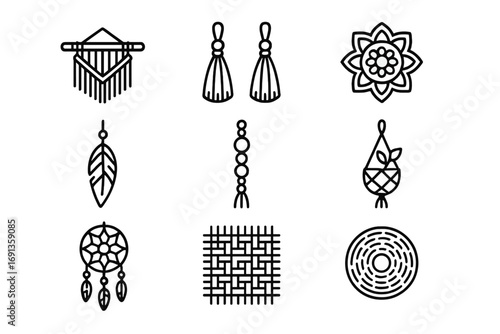 Boho Macramé Icons. Outline icon set of boho-style macramé décor: wall hanging, tassels, mandala, feather