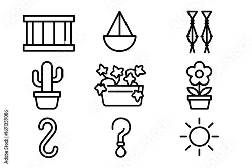 Balcony Plant Hanger Icons. Outline icon set of balcony plant hangers: railing, hanging planter, cord knots,