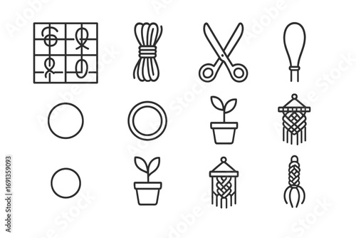Beginner Knotting Icons. Outline icon set of knotting practice for beginners: step-by-step grid, cord bundle,
