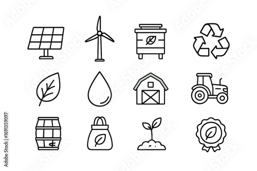 Eco-Friendly Icons Grid. Outline icon set of eco-friendly farming: solar panel, wind turbine, compost bin, recycling arrows,