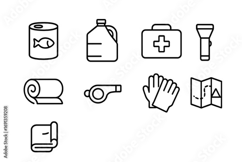 Emergency Supply Icons. Outline icon set of emergency supplies: canned food, water jug, first aid kit,