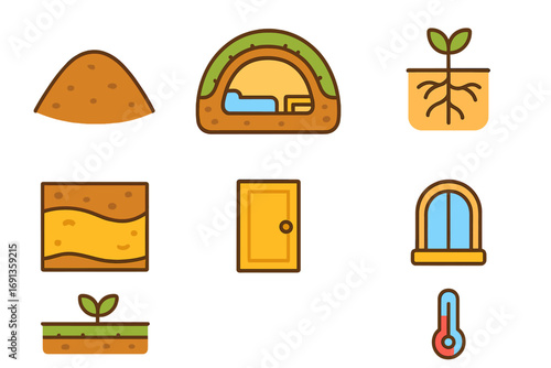 Eco-Friendly Underground Homes. Flat vector mini-illustrations Earth-sheltered architecture in colors children's illustrations: