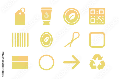 Eco-Friendly Icon Set. Gradient icons set of eco-friendly label and branding: kraft hang tag, soy ink tube, leaf stamp, QR code,
