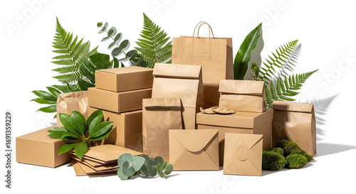 Stack of Brown Cardboard Boxes and Paper Bags with Green Leaves on Isolated transparent background, Eco-Friendly Packaging Concept