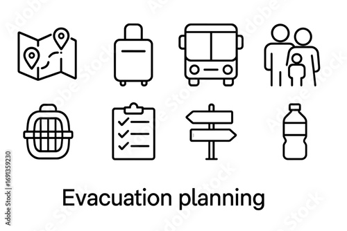Evacuation Planning Icons. Outline icon set of evacuation planning: map, suitcase, bus, family icon, pet
