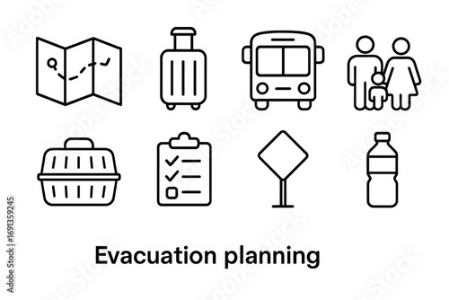 Evacuation Planning Icons. Outline icon set of evacuation planning: map, suitcase, bus, family icon, pet