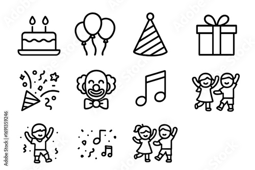 Birthday Party Icons. Outline icon set of children having fun at birthday parties: birthday cake, balloons,