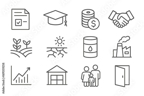 Economic Migration Icons. Outline icon set of reasons for economic migration: job offer letter, graduation cap, coins stack,