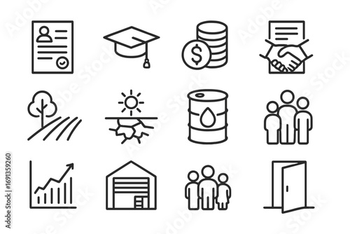 Economic Migration Icons. Outline icon set of reasons for economic migration: job offer letter, graduation cap, coins stack,