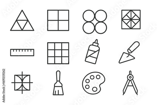 Geometric Mosaic Icons. Outline icon set of geometric mosaic: triangle tile, square tile, circle tile, star