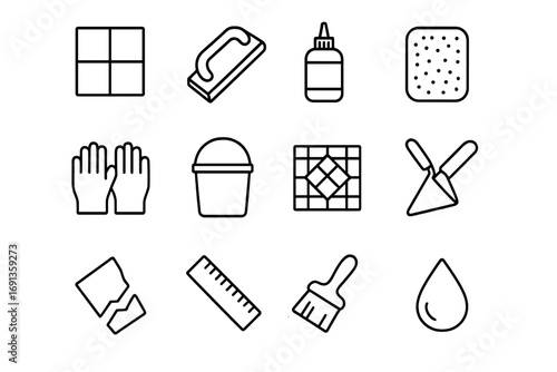 Mosaic Crafting Icons. Outline icon set of making a mosaic from colorful tiles and grout: square tile, grout