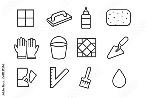 Mosaic Crafting Icons. Outline icon set of making a mosaic from colorful tiles and grout: square tile, grout