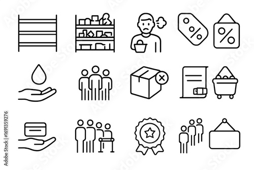 Economic Icon Sets. Outline icon set of shortages and surpluses: empty shelf, overflowing shelf, frustrated shopper, discount tag,