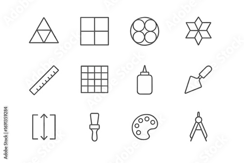 Geometric Mosaic Icons. Outline icon set of geometric mosaic: triangle tile, square tile, circle tile, star