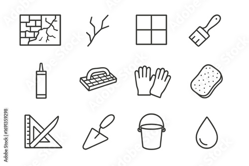 Mosaic Restoration Icons. Outline icon set of mosaic restoration: old wall, cracks, tile, brush, adhesive,