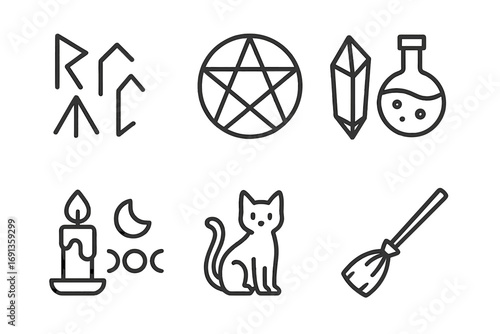 Mystic Symbols Icons. Outline icon set of mystic symbols: runes, magic circle, crystal, alchemy flask, candle flame, moon phases,
