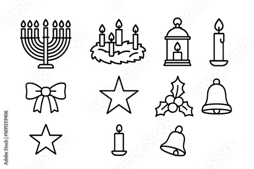 Festive Candle Icons. Outline icon set of festive candle traditions: menorah, advent wreath, lantern, candle,