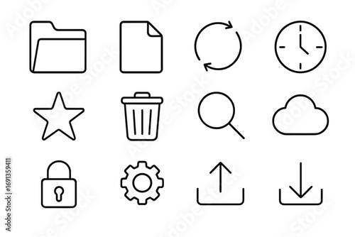 Content Lifecycle Icons. Outline icon set of content lifecycle: folder, file, arrows cycle, clock, star, trash
