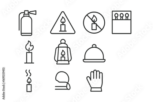Candle Safety Icons. Outline icon set of candle safety: extinguisher, warning triangle, no flame symbol,