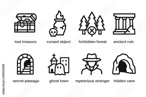 Mythical Legends Icons. Outline icon set of rural myth legends: lost treasure, cursed object, forbidden forest, ancient ruin,