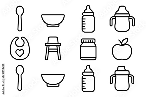 Baby Feeding Icons. Outline icon set of feeding babies and toddlers: spoon, bowl, bottle, sippy cup, bib, high