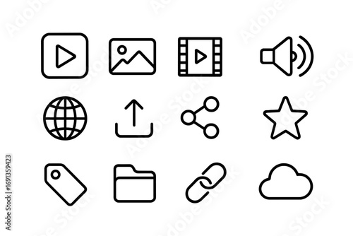 Content Icon Grid. Outline icon set of content publishing: play button, image, video, audio, globe, upload