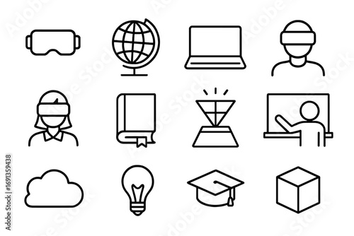 Virtual Reality Education Icons. Outline icon set of virtual reality education: VR headset, globe, laptop,