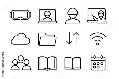 VR Classroom Icons. Outline icon set of online classrooms in VR: VR headset, laptop, student, teacher,