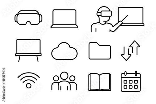 VR Classroom Icons. Outline icon set of online classrooms in VR: VR headset, laptop, student, teacher,