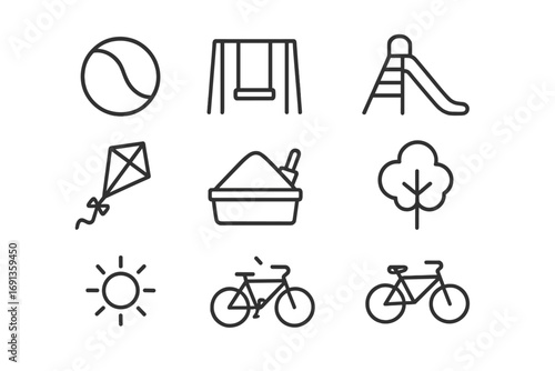 Outdoor Play Icons. Outline icon set of outdoor playtime: ball, swing, slide, kite, sandbox, tree, sun,